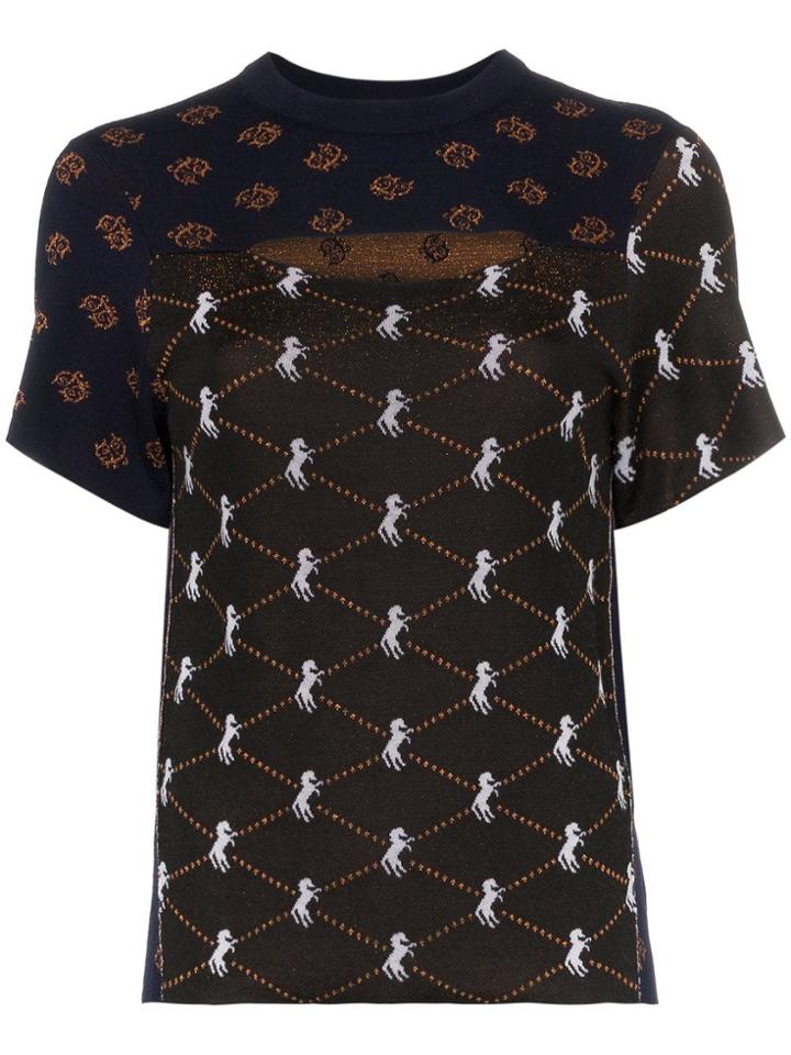 Chloé Cutout Front Jacquard Horse Print Knitted Top - Blue