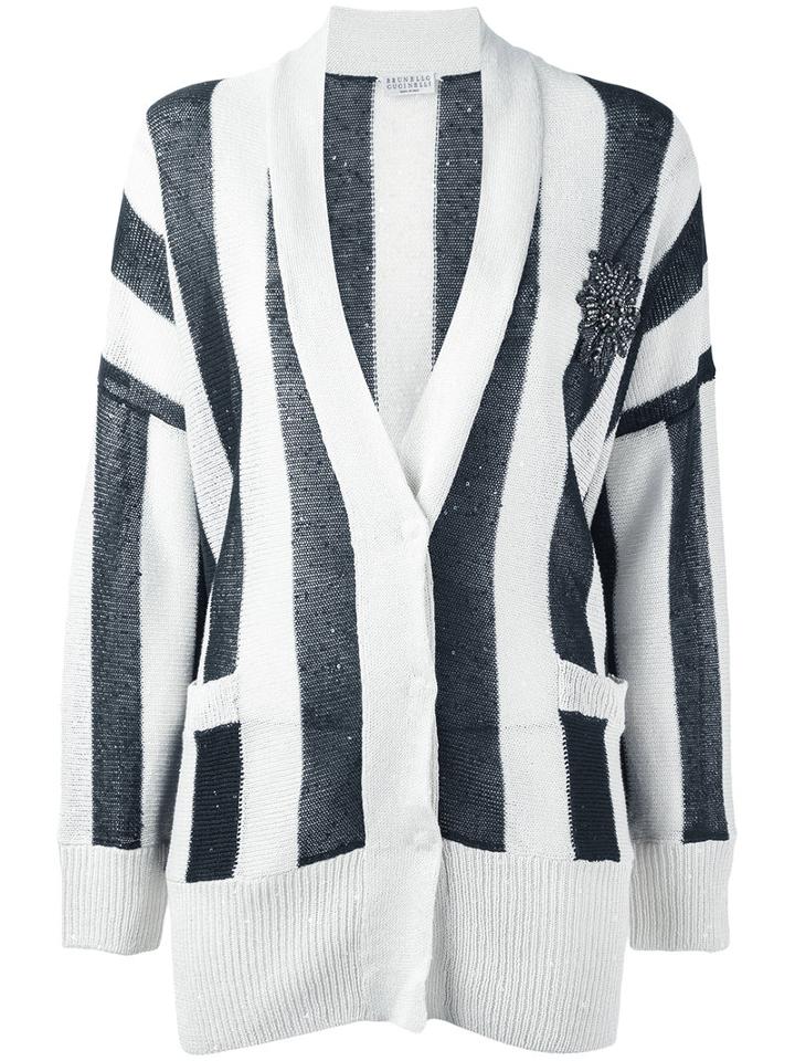 Brunello Cucinelli Glitter Effect Striped Cardigan, Women's, Size: Large, Nude/neutrals, Silk/linen/flax/swarovski Crystal