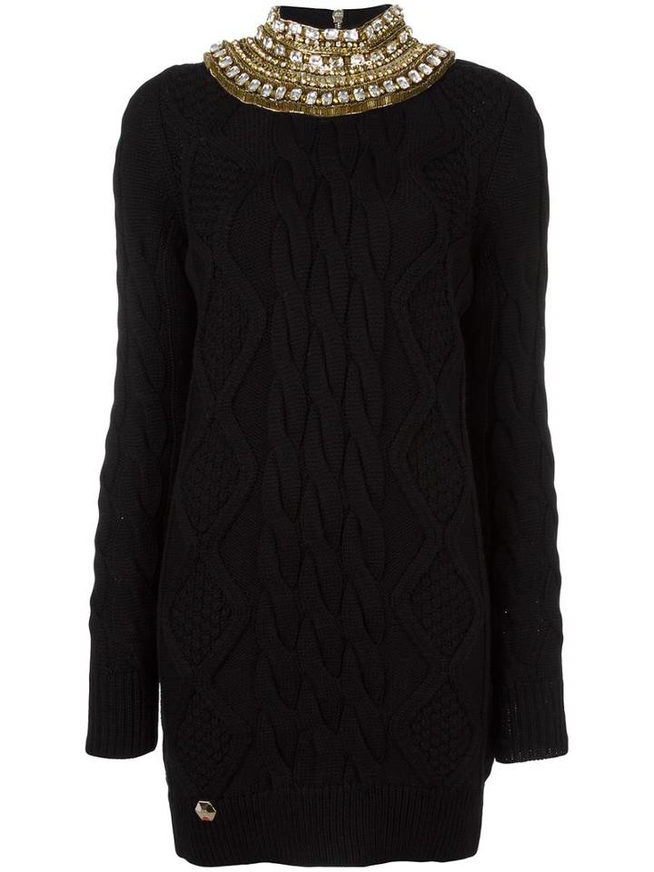 Philipp Plein Embellished Collar Cable Knit Dress, Women's, Size: Medium, Black, Merino