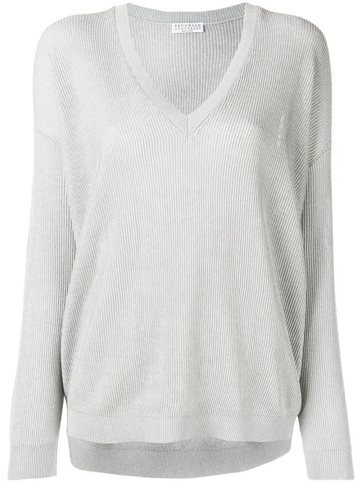 Brunello Cucinelli V-neck Ribbed Jumper, Women's, Size: Medium, Grey, Cotton/linen/flax/cupro/spandex/elastane