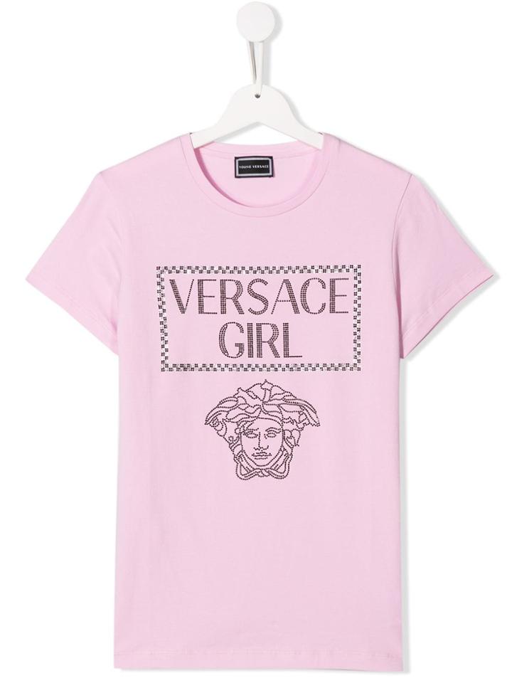 Young Versace Teen Rhinestone Logo Girl T-shirt - Pink