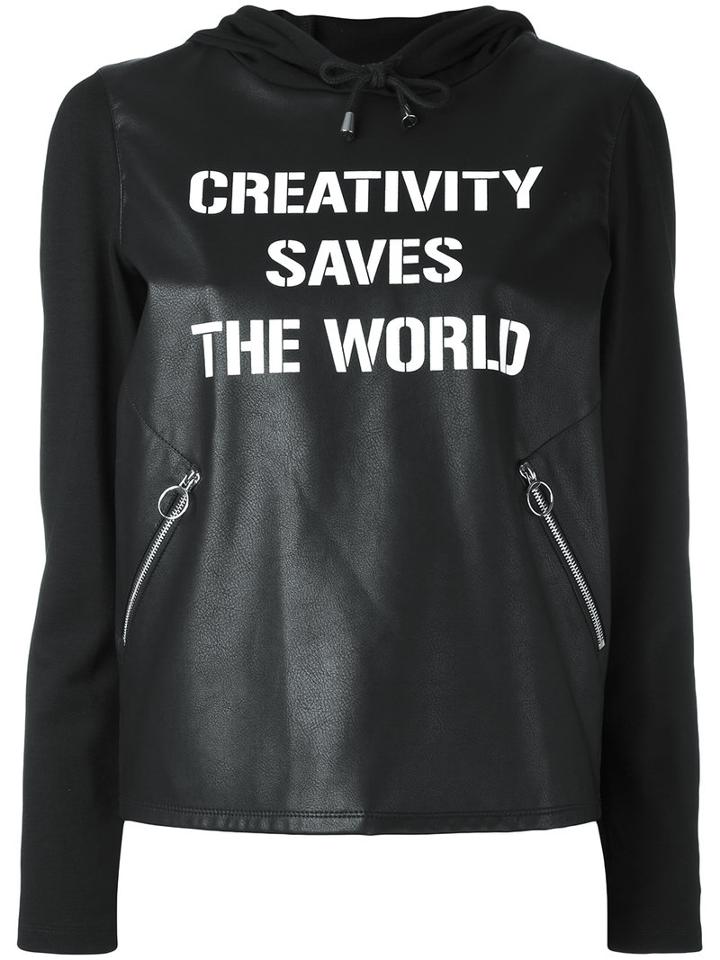 Twin-set - Faux Leather 'creativity Saves The World' Hoodie - Women - Viscose/polyurethane Resin - L, Black, Viscose/polyurethane Resin