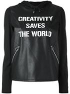 Twin-set - Faux Leather 'creativity Saves The World' Hoodie - Women - Viscose/polyurethane Resin - L, Black, Viscose/polyurethane Resin