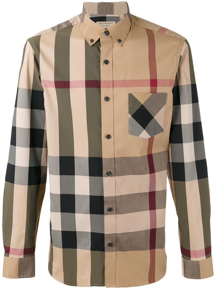 Burberry Checked Shirt, Men's, Size: Small, Nude/neutrals, Cotton/polyamide/spandex/elastane