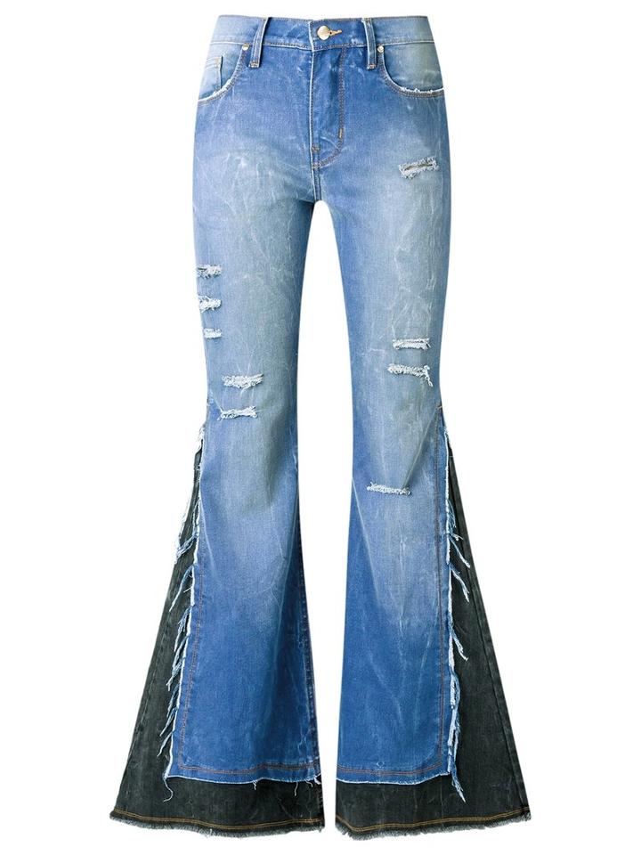 Amapô Distressed Overlay Maxi Flared Jeans, Women's, Size: 40, Blue, Cotton/elastodiene