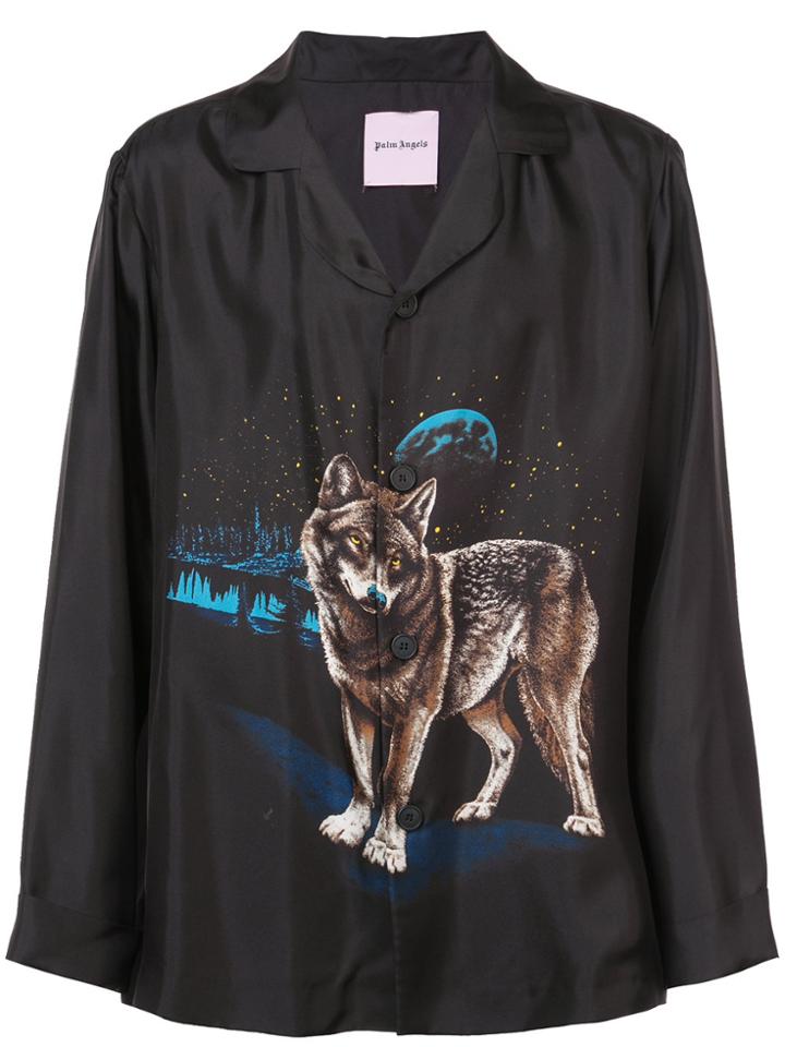 Palm Angels Wolf Print Open Collar Shirt - Black