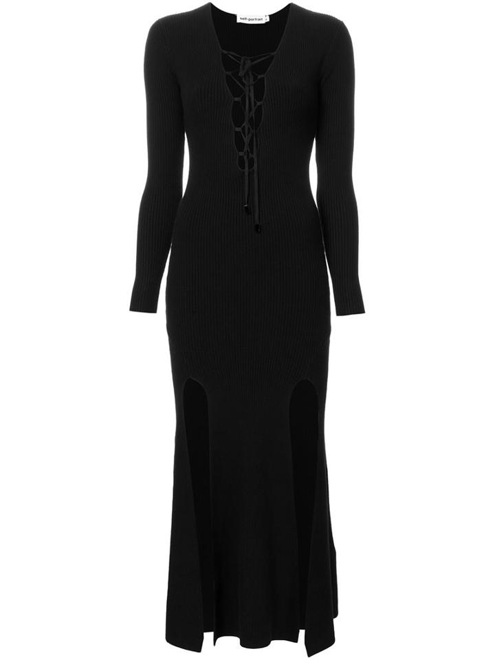 Self-portrait Lace-up Detail Knitted Dress, Women's, Size: 8, Black, Nylon/spandex/elastane/viscose