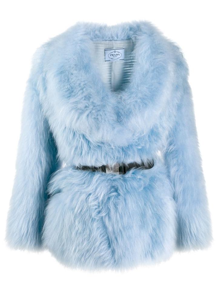 Prada Belted Goat Fur Coat - Blue