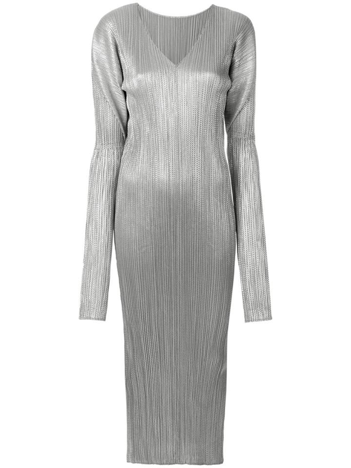 Pleats Please By Issey Miyake Vintage Pleated Long Sleeve Dress - Grey