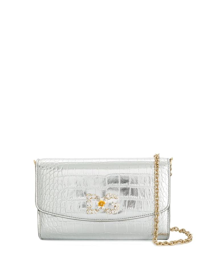 Dolce & Gabbana Crocodile Embossed Metallic Clutch - Silver