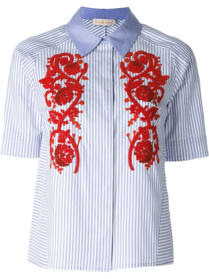 Tory Burch Embroidered Shirt, Women's, Size: 4, Blue, Cotton