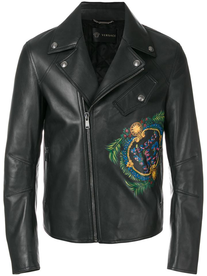 Versace Logo Print Biker Jacket - Black