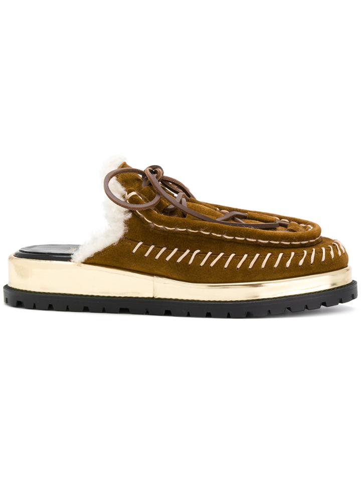 Sacai Whipstitched Shearling Mules - Brown