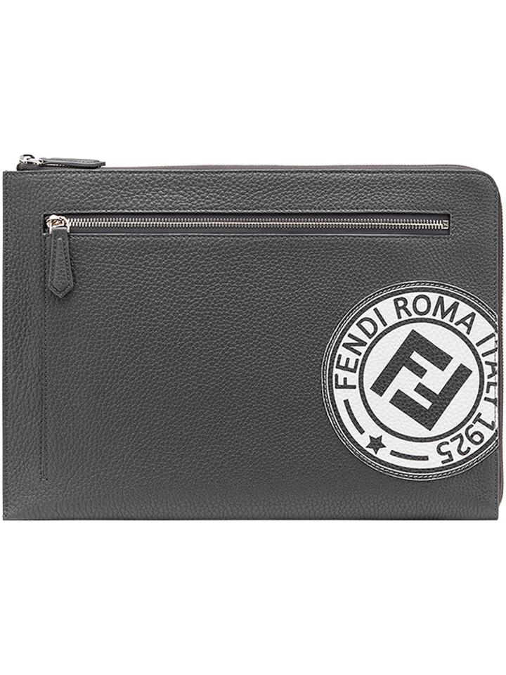 Fendi Logo Patch Zipped Pouch - Grey