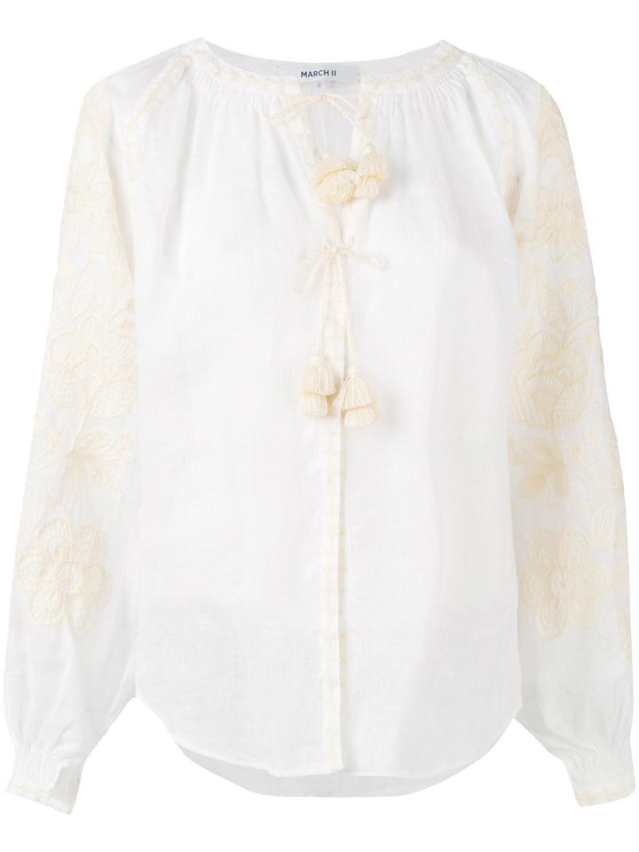 March 11 - Embroidered Peasant Blouse - Women - Linen/flax/acrylic - M, White, Linen/flax/acrylic