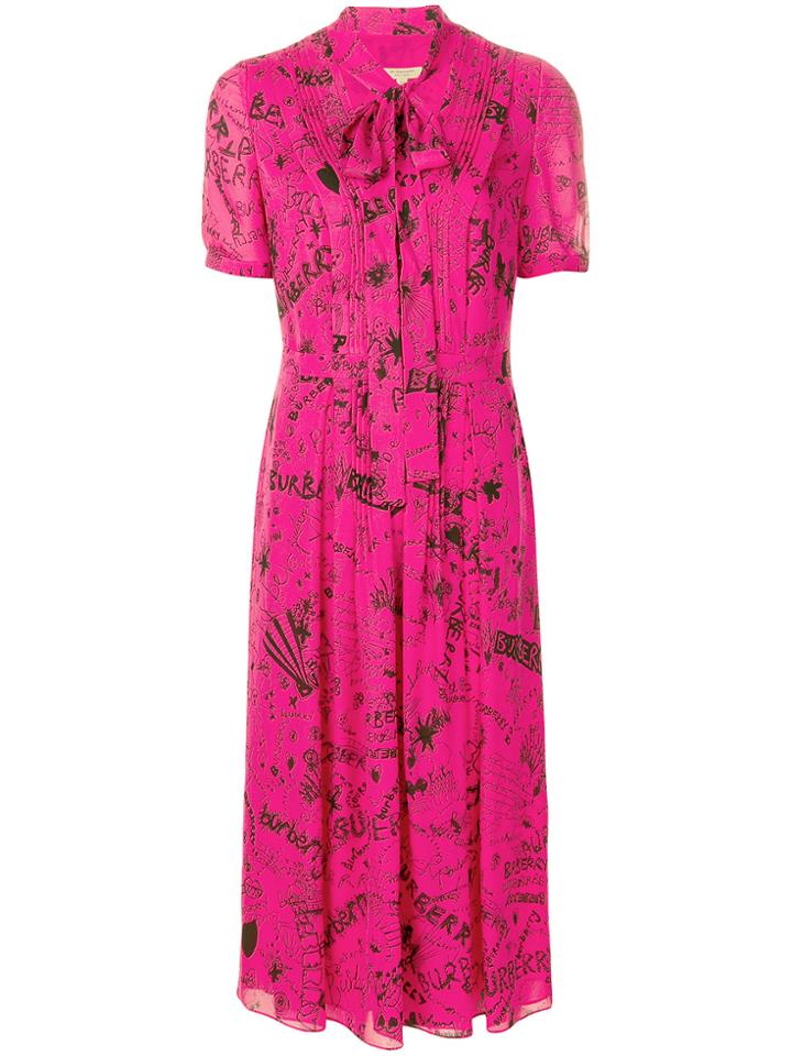 Burberry Doodle Print Tie Neck Dress - Pink & Purple