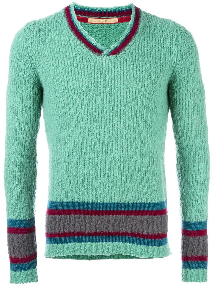 Nuur Striped V-neck Jumper, Men's, Size: 52, Green, Merino/acrylic/nylon/spandex/elastane