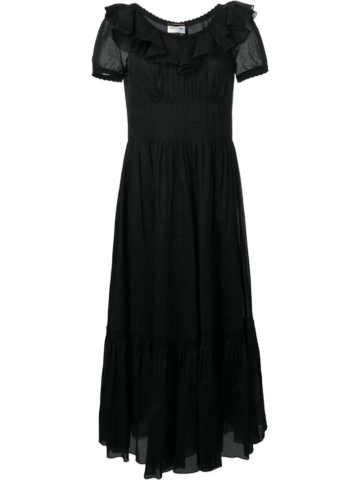 Saint Laurent Flared Ruffled Gown, Women's, Size: 40, Black, Cotton