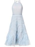 Marchesa Notte Textured Tulle Midi Tea Dress - Blue