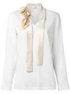 Brunello Cucinelli Floral Contrast Tie Collar V Neck Blouse, Women's, Size: S, White, Silk/spandex/elastane/polyamide