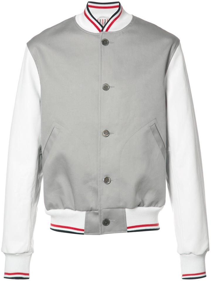 Thom Browne Varsity Bomber Jacket, Men's, Size: 2, Grey, Cotton/calf Leather