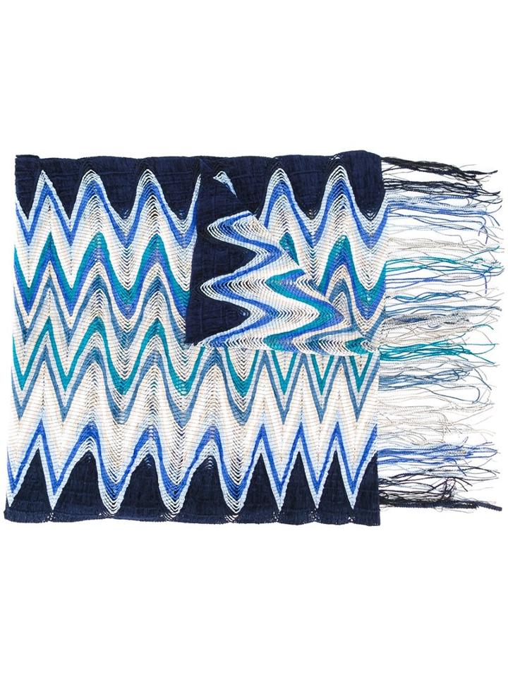 Missoni Zig-zag Pattern Fringed Scarf, Women's, Blue, Acrylic/polyester