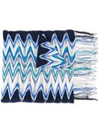 Missoni Zig-zag Pattern Fringed Scarf, Women's, Blue, Acrylic/polyester