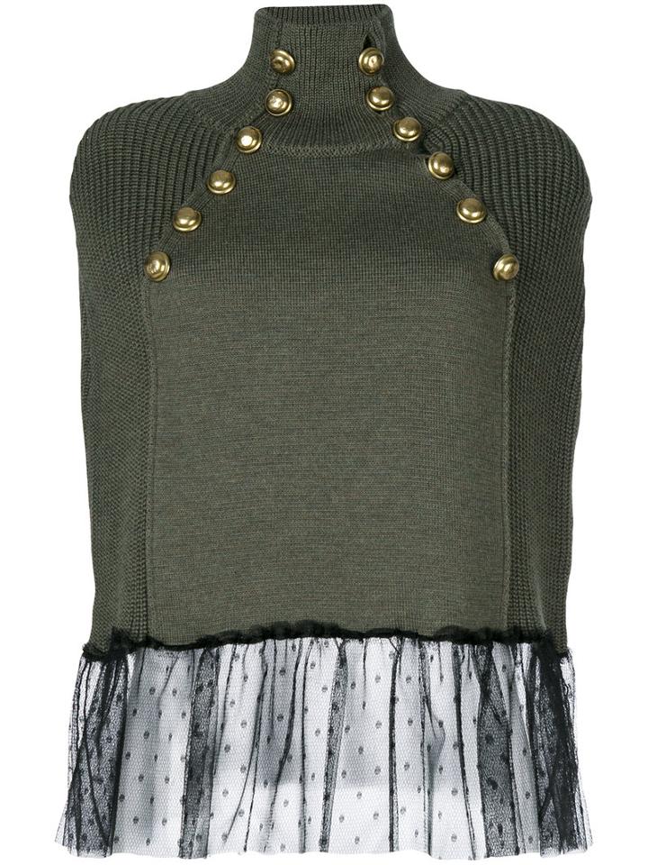 Red Valentino - Lace Trim Studded Knitted Top - Women - Polyamide/virgin Wool - S, Green, Polyamide/virgin Wool