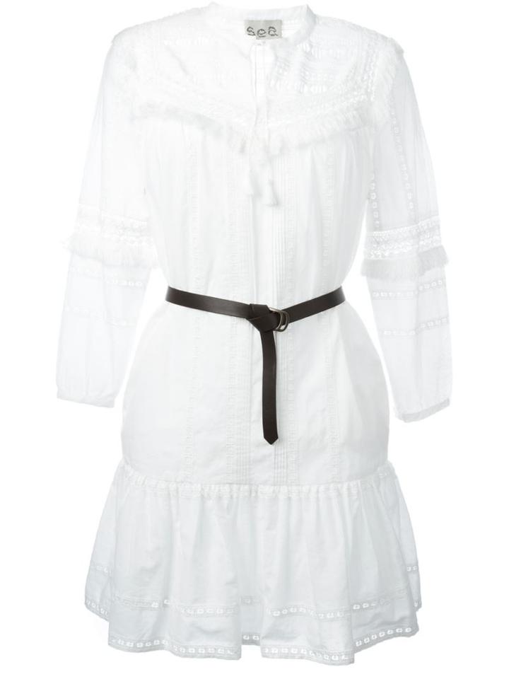 Sea Embroidered Belted Dress, Women's, Size: 4, White, Silk/cotton