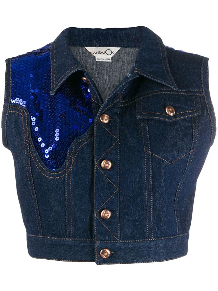Kansai Yamamoto Pre-owned Embellished Cropped Denim Vest - Blue
