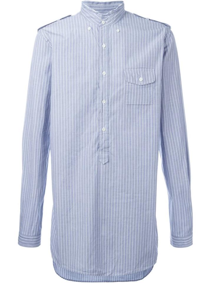 Wooster + Lardini Band Collar Striped Shirt, Men's, Size: S, Blue, Cotton