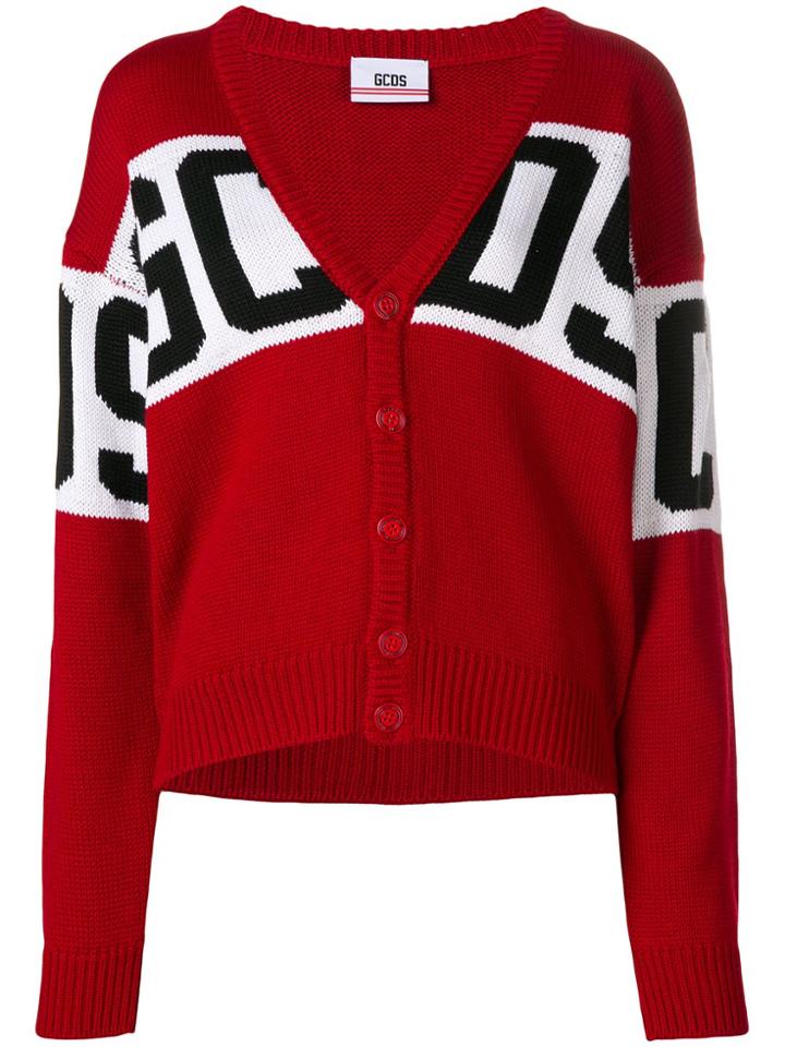 Gcds Logo Stripe Cardigan - Red