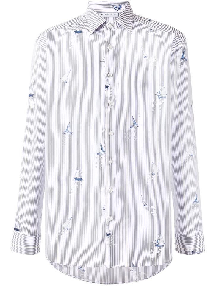Etro Boats Print Striped Shirt, Men's, Size: 42, Blue, Cotton