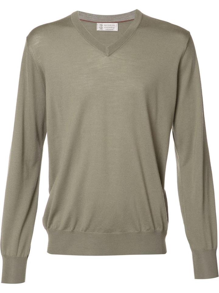 Brunello Cucinelli V Neck Sweatshirt, Men's, Size: 52, Green, Cashmere/virgin Wool
