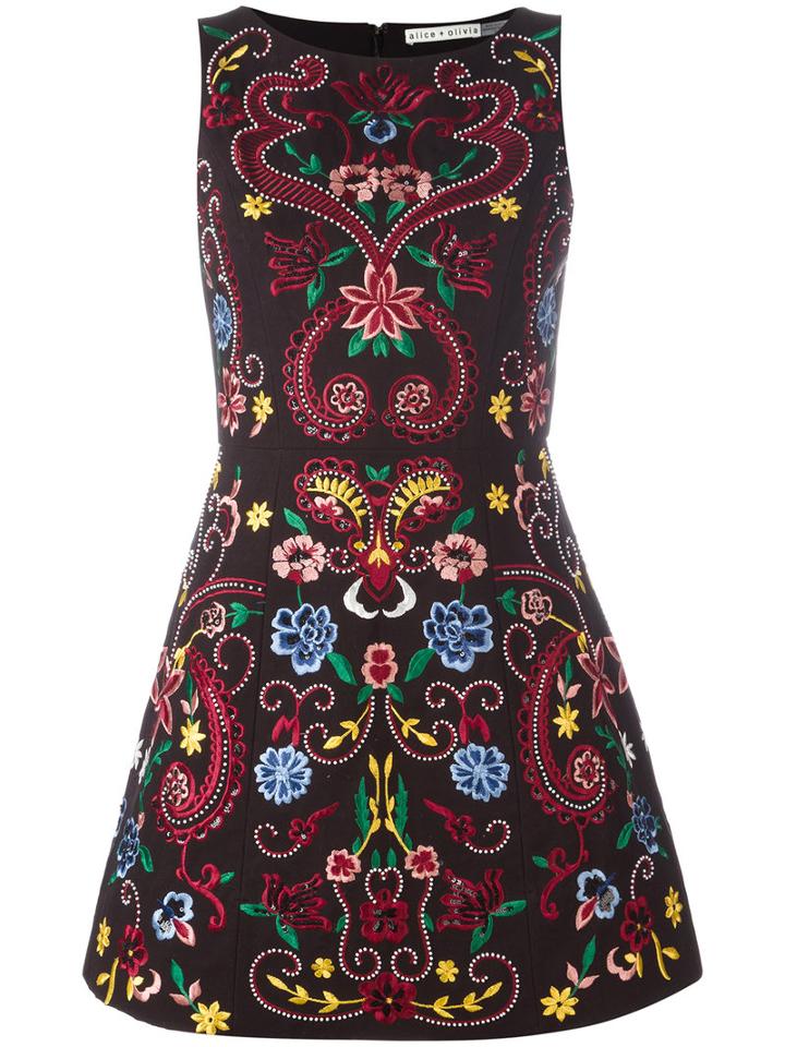 Alice+olivia - Lindsey Embroidered Structured Dress - Women - Cotton/polyester/spandex/elastane/viscose - 6, Black, Cotton/polyester/spandex/elastane/viscose