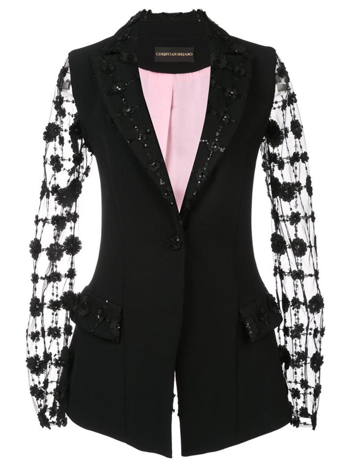 Christian Siriano Embroidered Sheer Sleeves Blazer - Black
