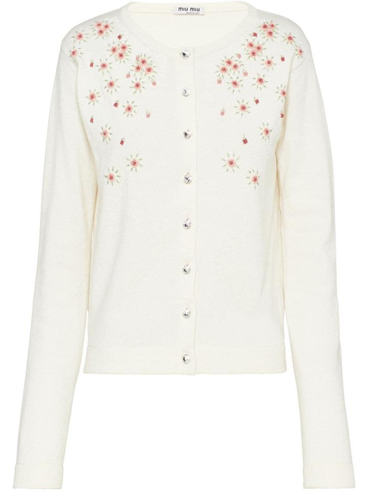 Miu Miu Floral Embroidered Crystal Embellished Cardigan - White