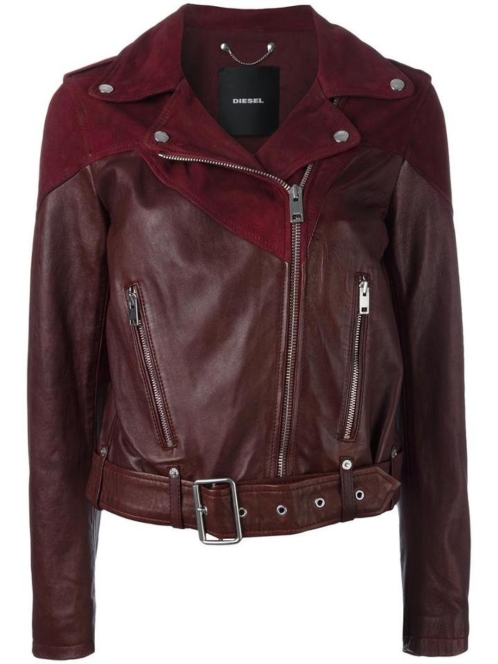 Diesel Biker Leather Jacket, Women's, Size: Small, Red, Sheep Skin/shearling/goat Skin/cotton/polyester