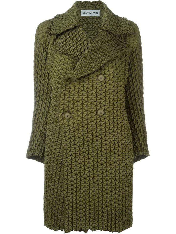Issey Miyake Prism Pleat Double Breasted Coat, Women's, Size: 2, Green, Polyester/polyurethane