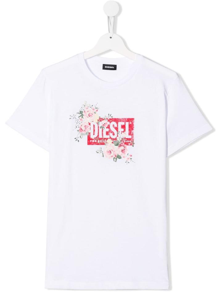 Diesel Kids Logo Floral Print T-shirt - White