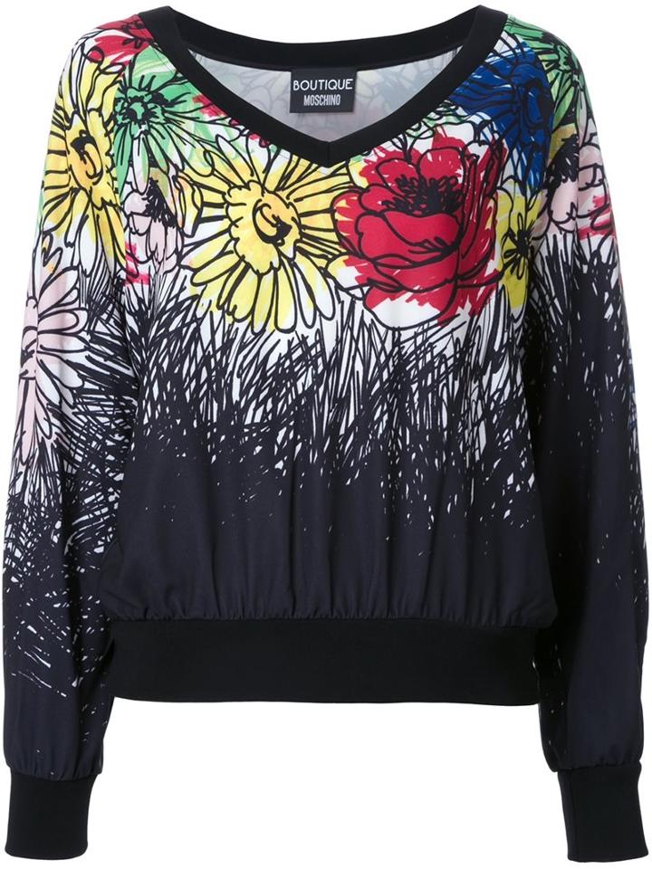 Boutique Moschino Floral Print V-neck Top, Women's, Size: 46, Polyester/other Fibers