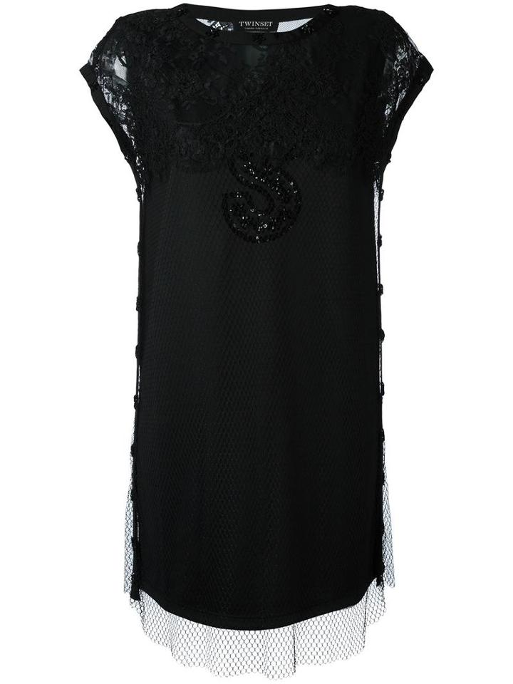 Twin-set Sequinned Panel T-shirt Dress, Women's, Size: 38, Black, Polyester/polyamide