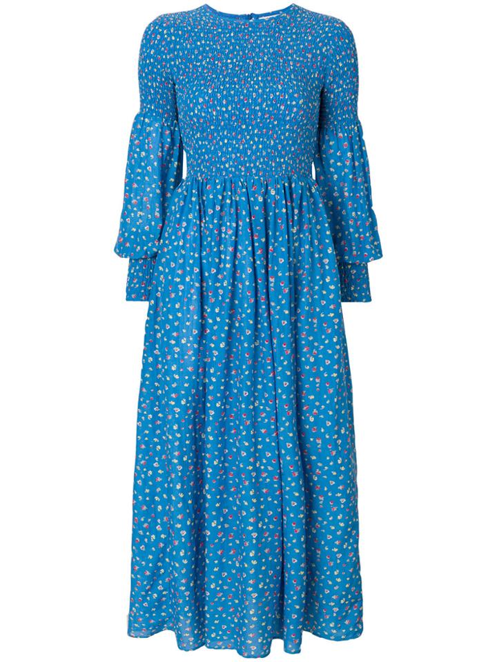 Ganni Floral Print Ruched Front Dress - Blue