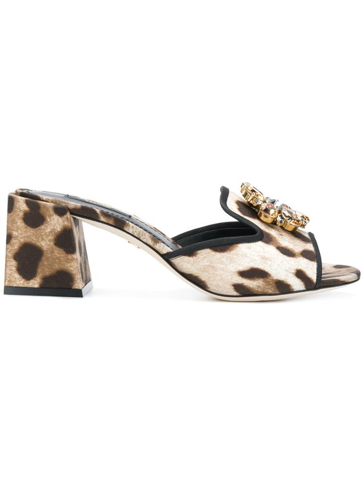 Dolce & Gabbana Leopard Print Jewelled Front Mules - Brown