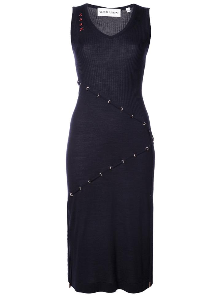 Carven Ribbed Knit Drawstring Dress - Blue