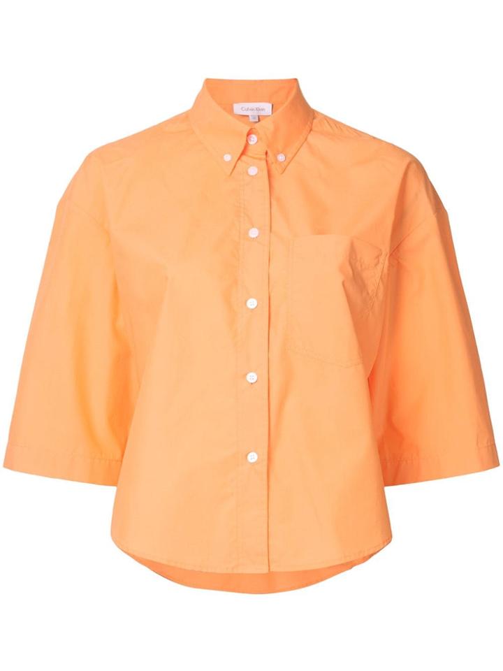 Ck Calvin Klein Poplin Cropped Sleeve Button Down Shirt - Yellow &