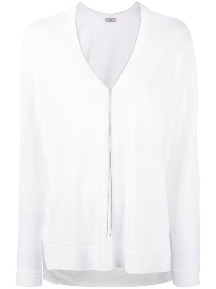 Brunello Cucinelli - V-neck Knitted Top - Women - Linen/flax/polyamide - M, White, Linen/flax/polyamide