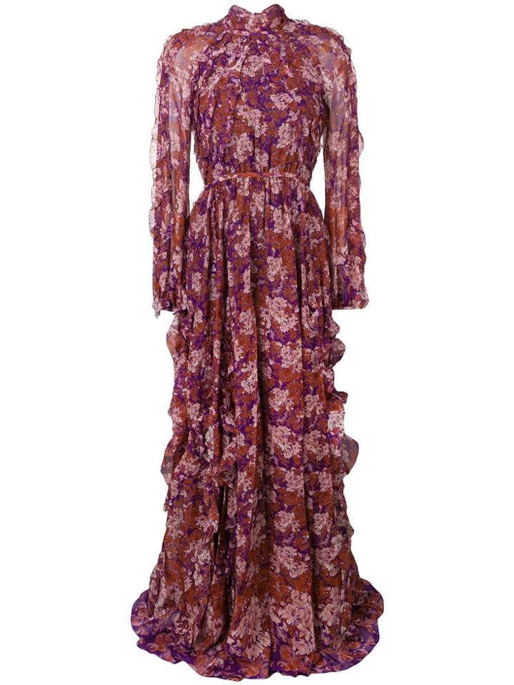 Giambattista Valli Floral Ruffle Detail Maxi Dress - Pink & Purple