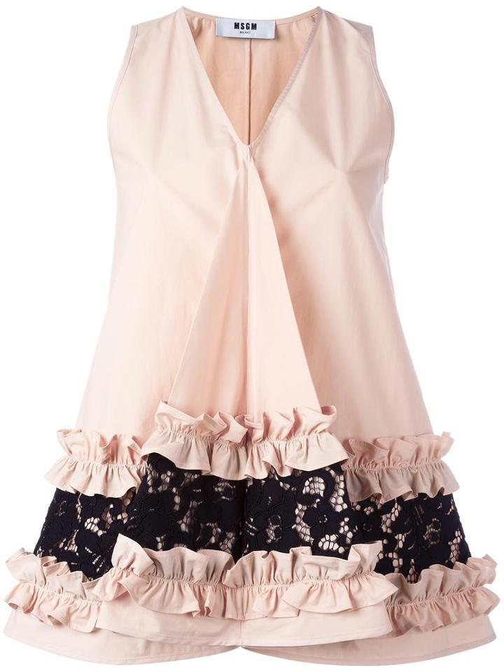 Msgm Ruffle & Lace Detail Sleeveless Top, Women's, Size: 38, Nude/neutrals, Cotton/polyurethane/spandex/elastane