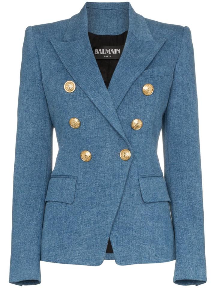 Balmain Double Breasted Denim Blazer - Blue
